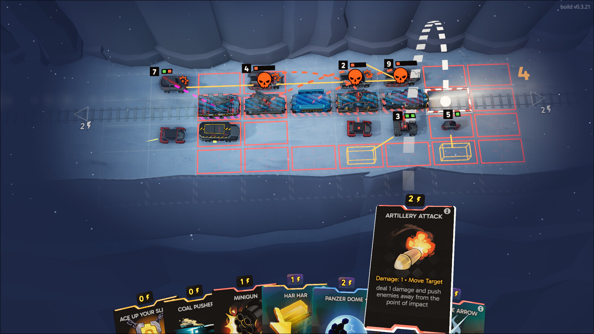 A tactical Fogpiercer battle with a train, enemy vehicles, and cards