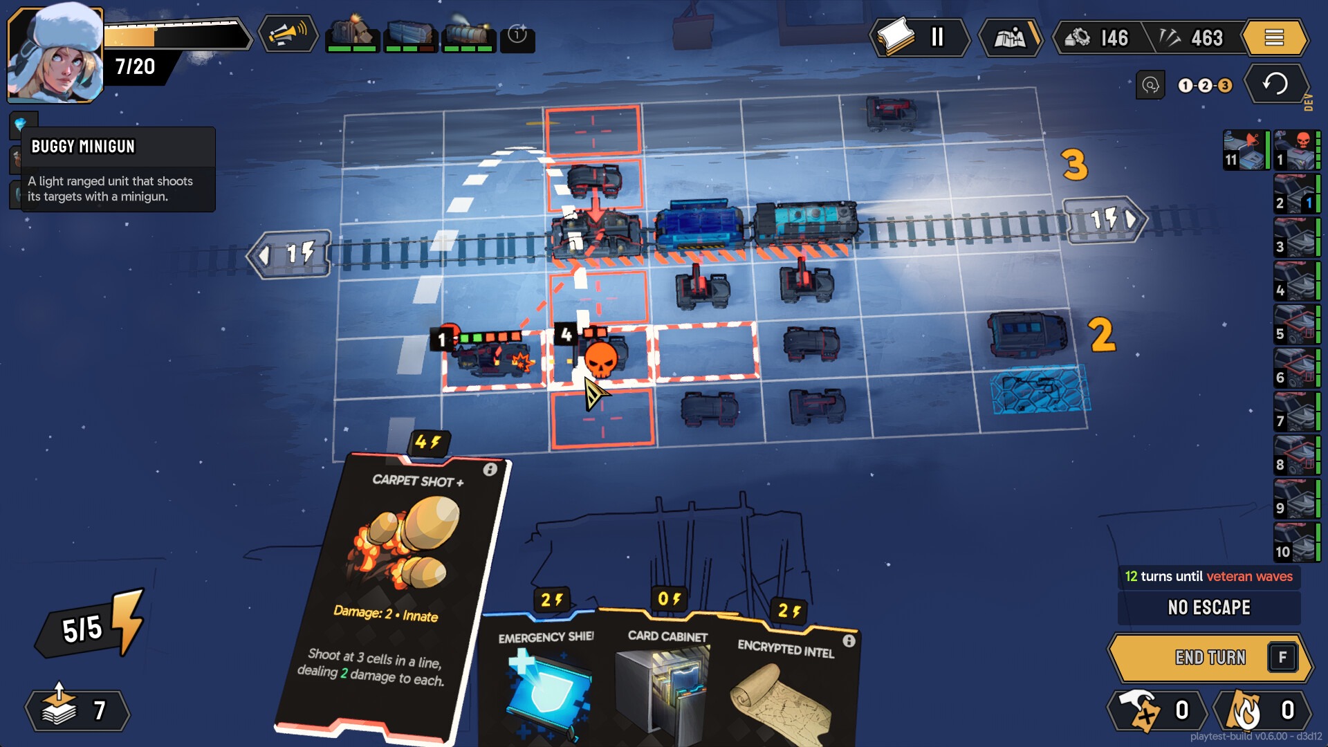 Fogpiercer combat grid showing attack lanes, cards, and a three-car train